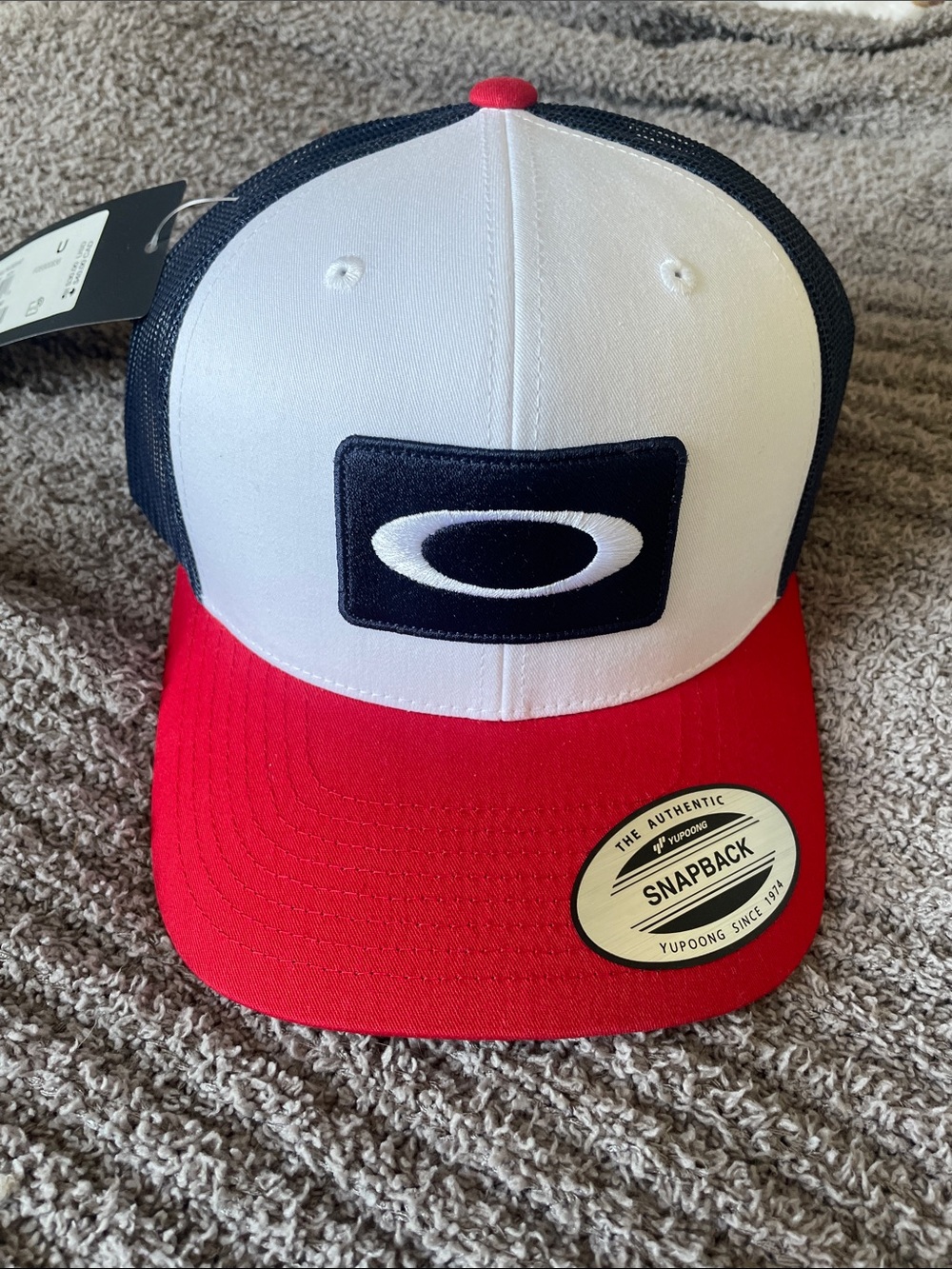 Oakley Red White and Navy Blue Logo Snapback Original Trucker Cap